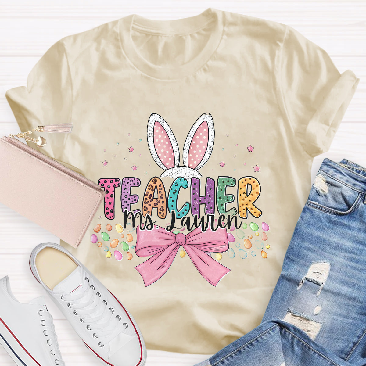 Personalized Name Bunny Teacher T-Shirt