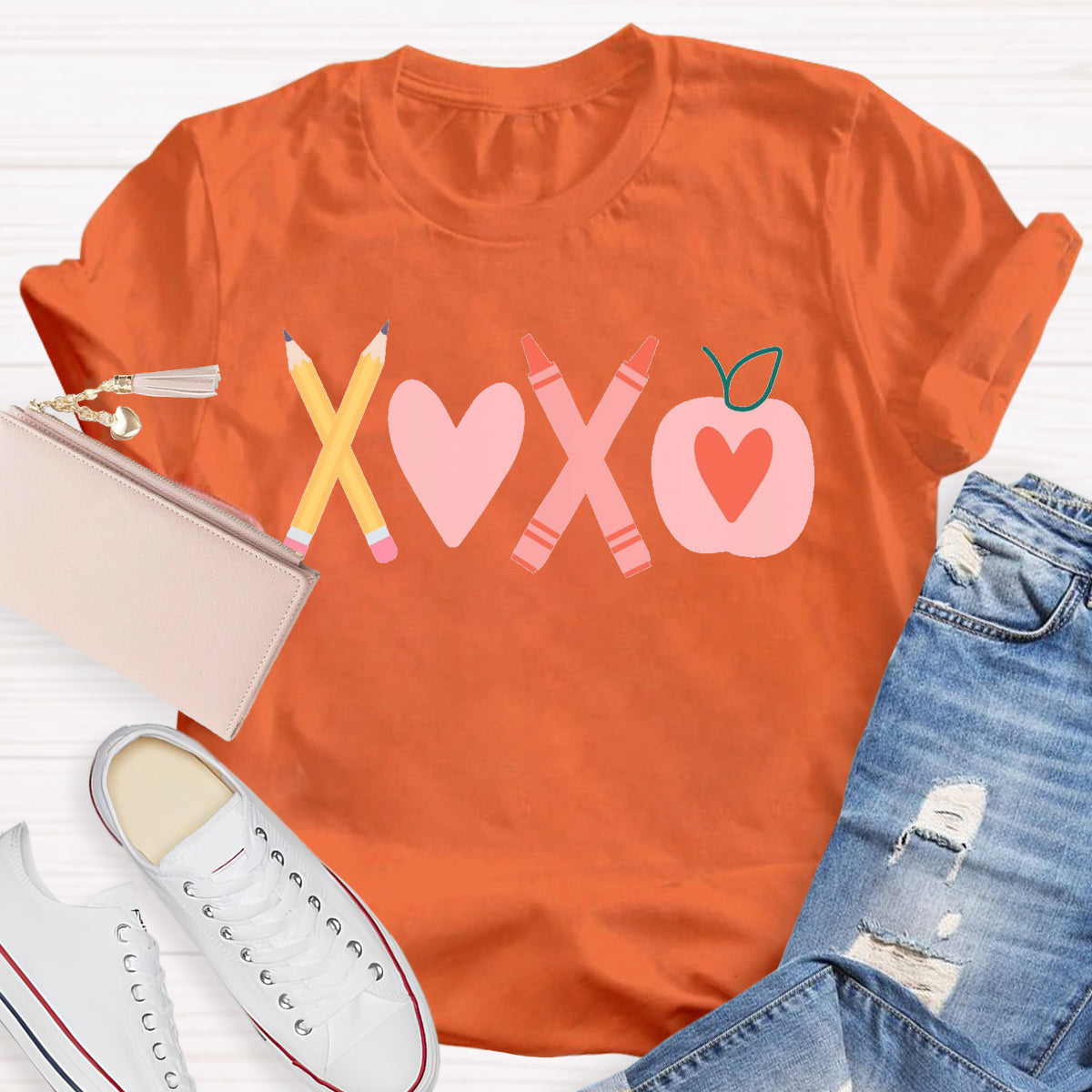 Valentine's Day Pencil Crayon Apple Teacher T-Shirt