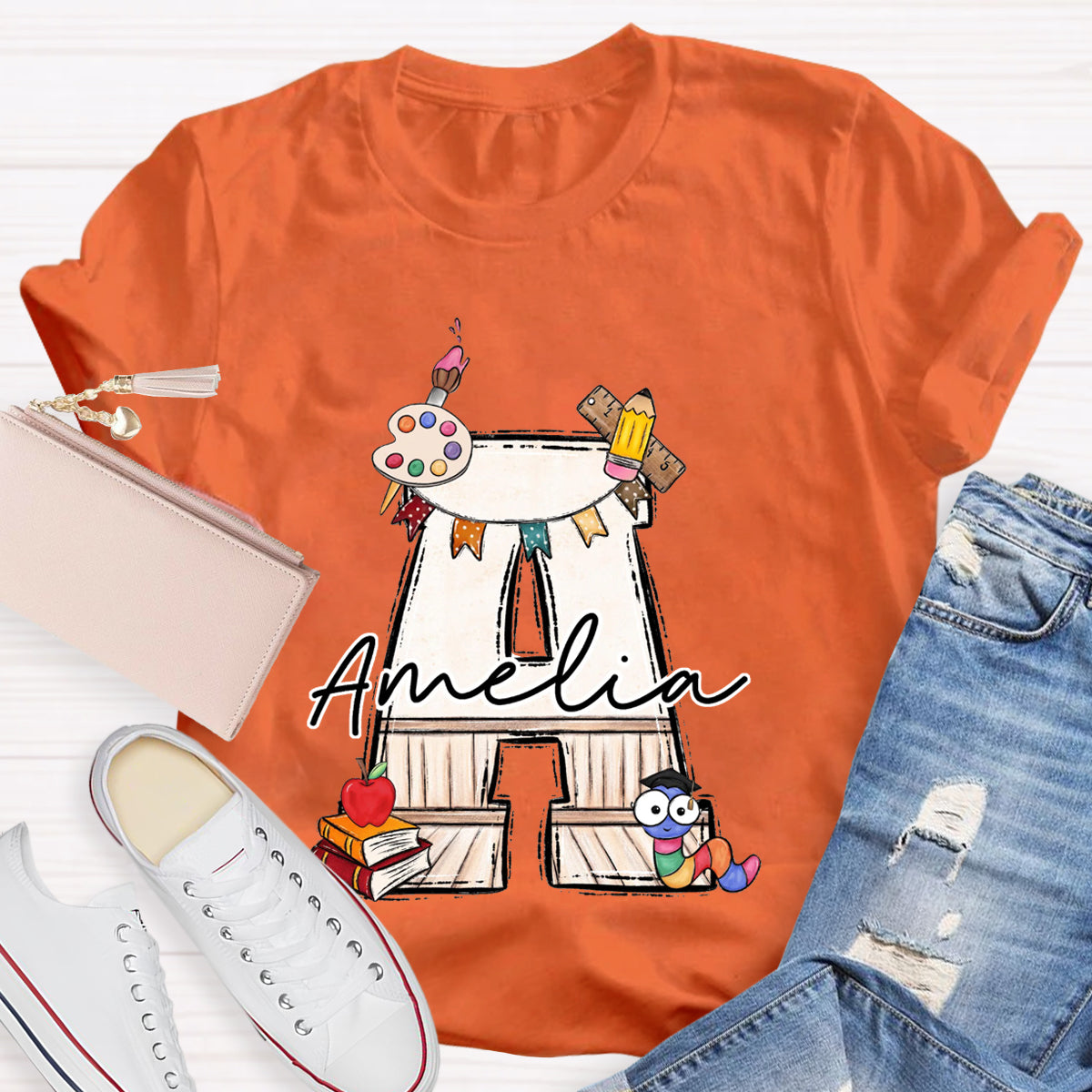 Personalized Name Drawing board And Caterpillar Teacher T-Shirt