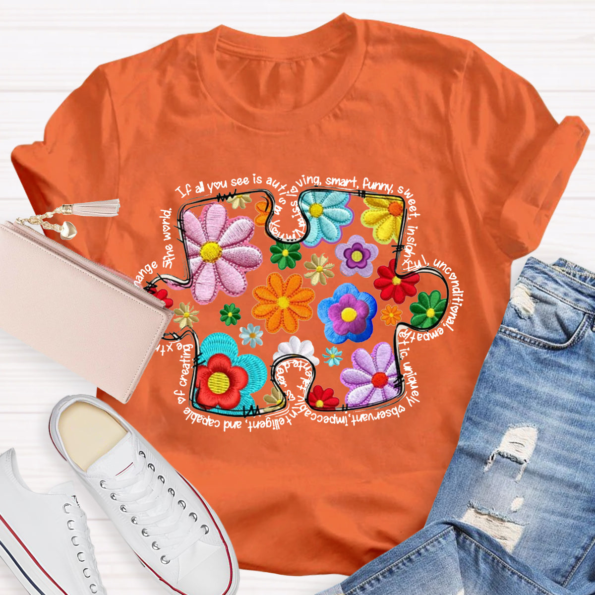 Floral Puzzle Pieces Austim T-Shirt