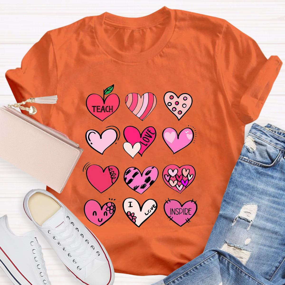 Cartoon Hearts Teach Love Inspire Teacher T-Shirt