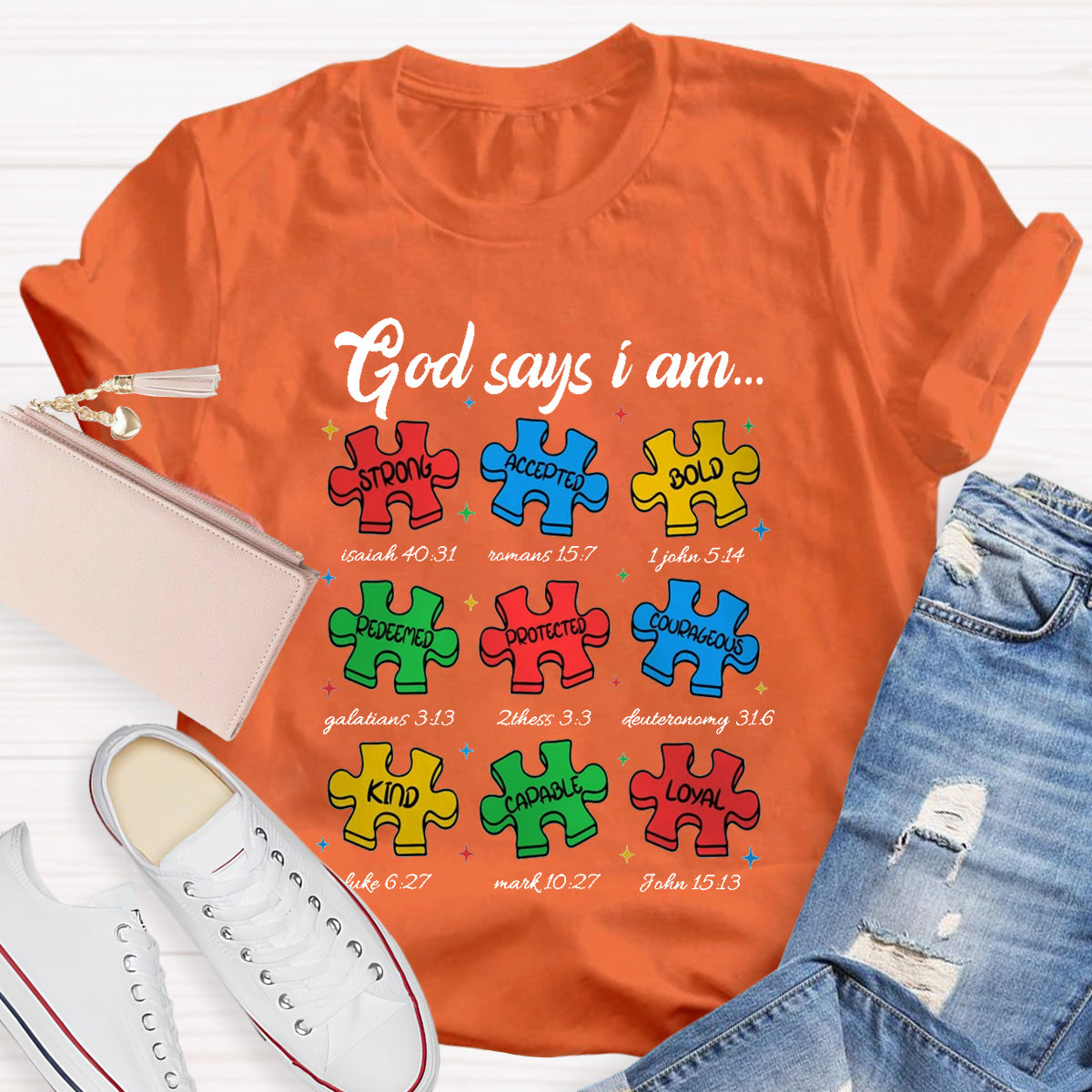 God Says I am Strong Puzzle Pieces Autism T-Shirt