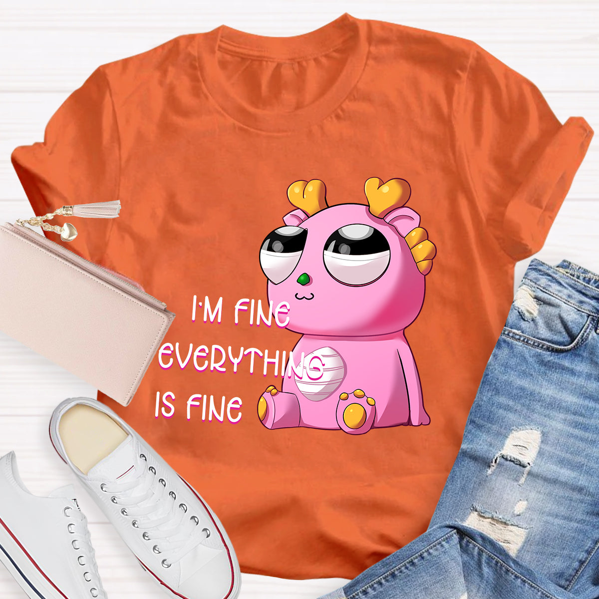 I'm Fine Everything is Fine  Pink Big Eyes Dragon T-Shirt