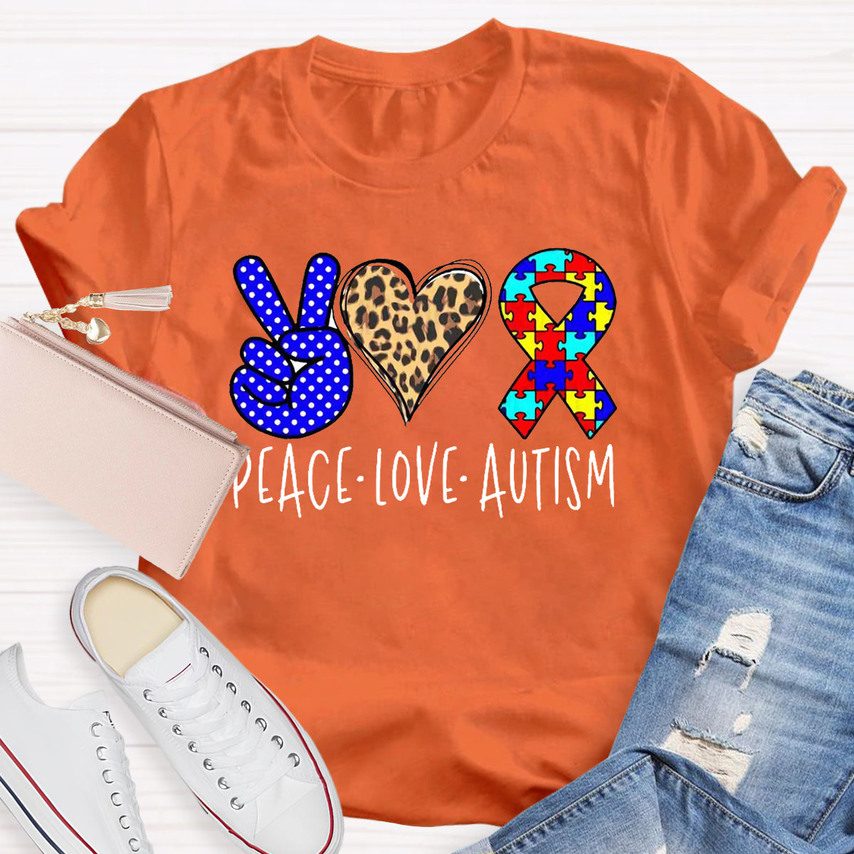 Peace love Autism Leopard Heart T-Shirt