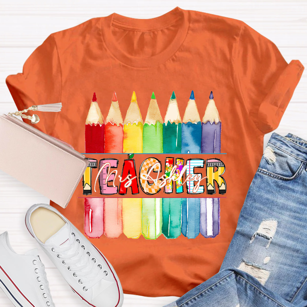 Personalized Teacher's Name Colorful Pencil T-Shirt