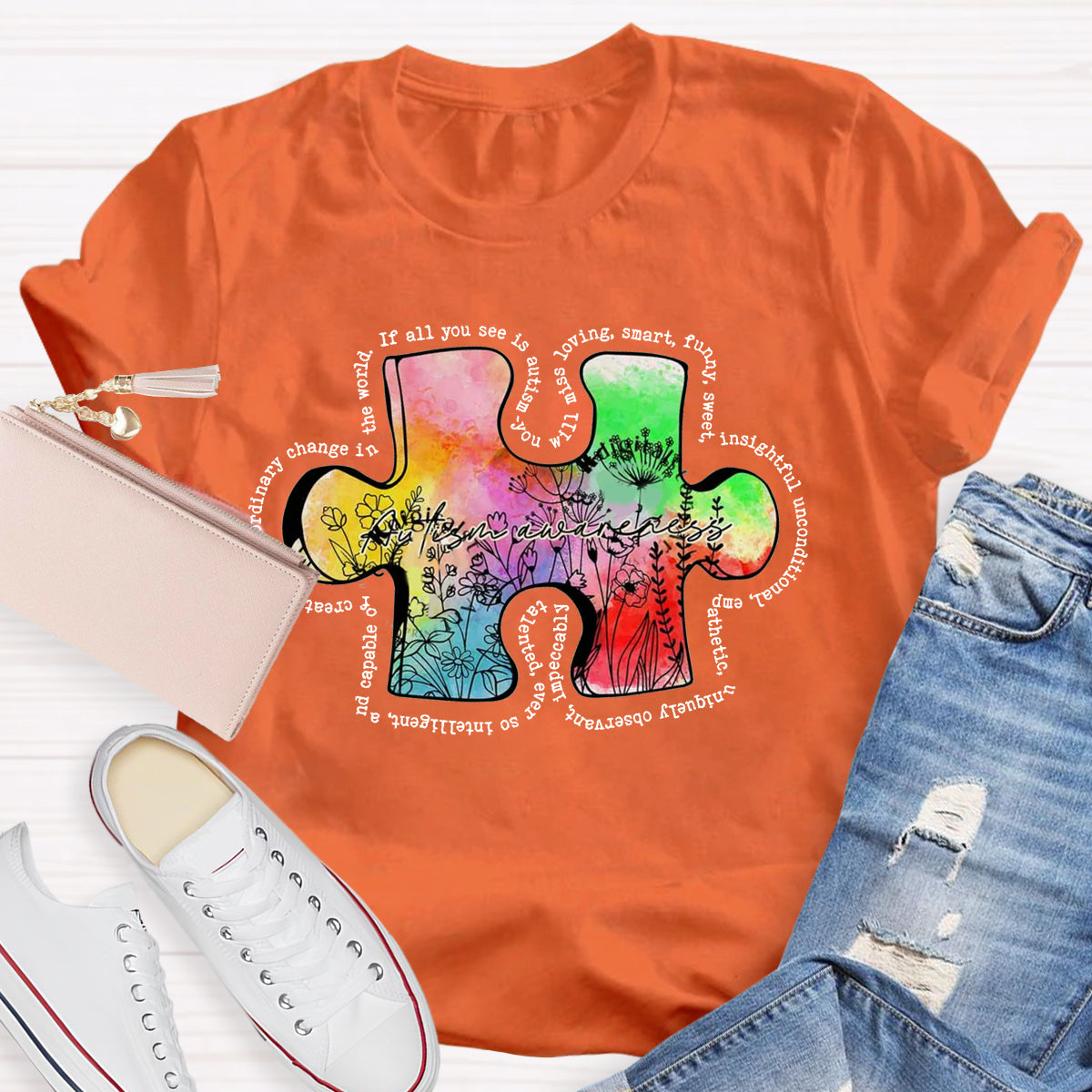 Retro Wildflower Colorful Autism Puzzle Design T-Shirt