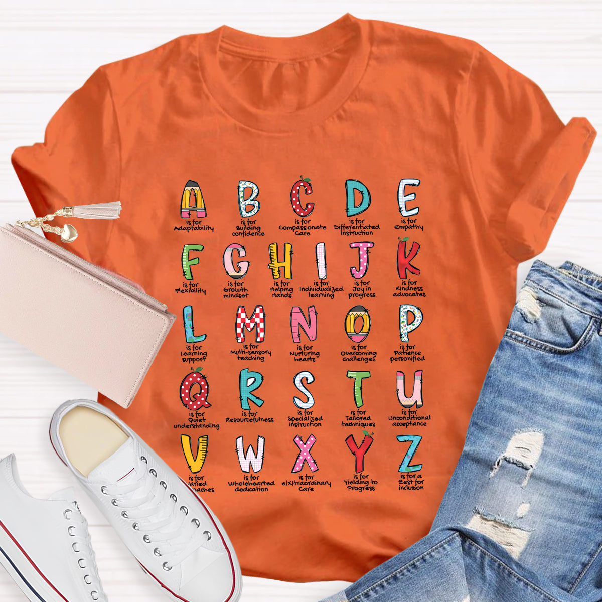 Colorful Plaid Design Alphabet Teacher T-Shirt