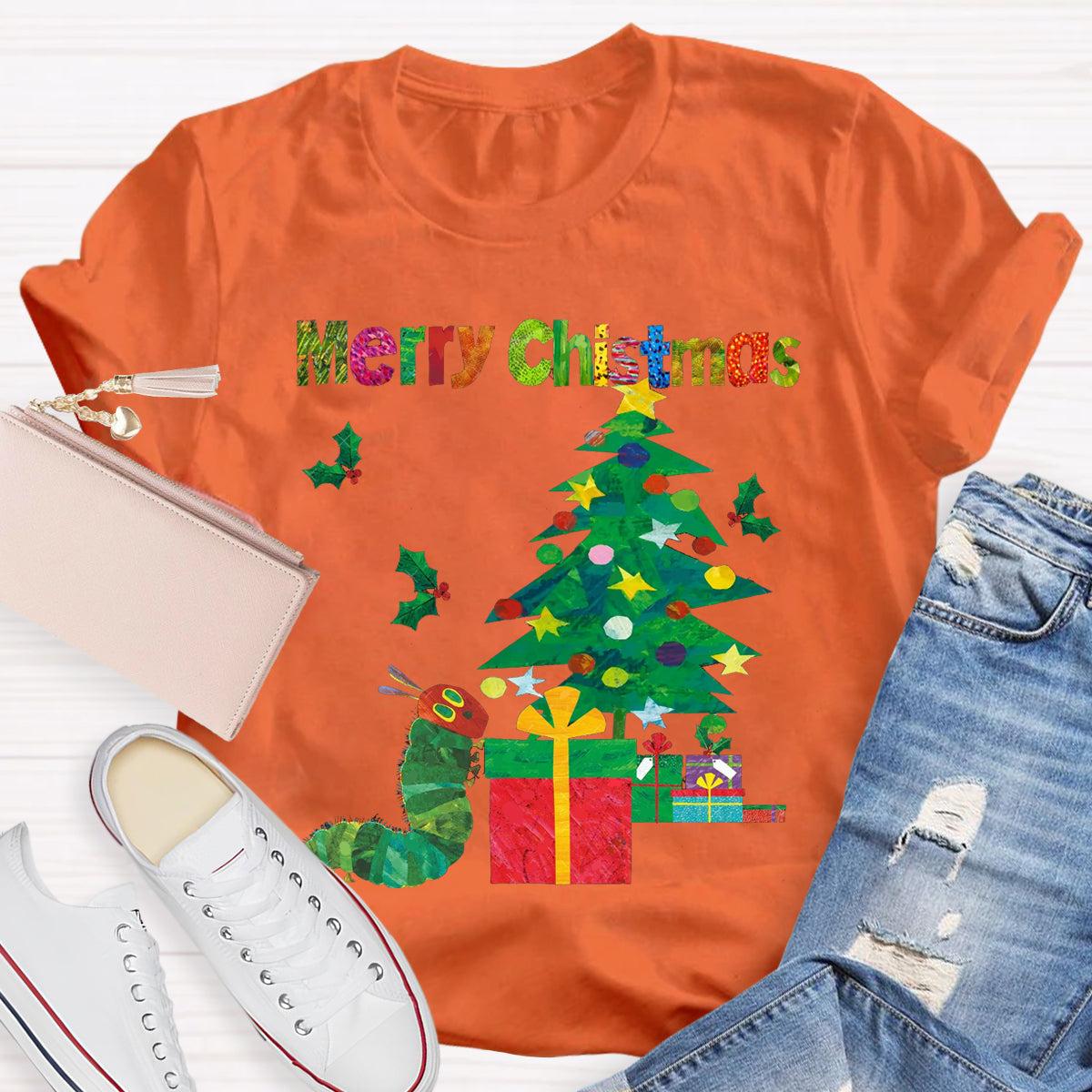 Merry Christmas Caterpillar Crawling Towards Christmas Tree T-Shirt