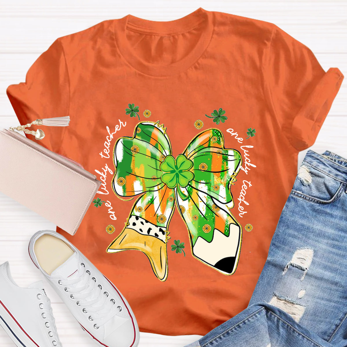 One Lucky Teacher Green Bow T-Shirt