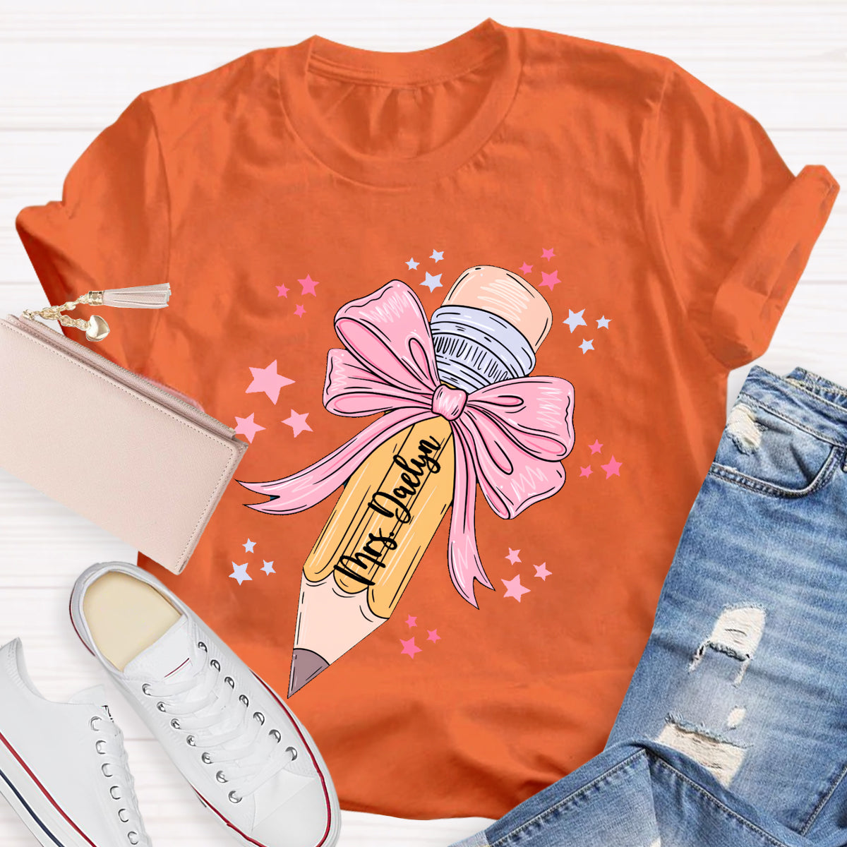 Personalized Name Pink Pencil Teacher T-Shirt