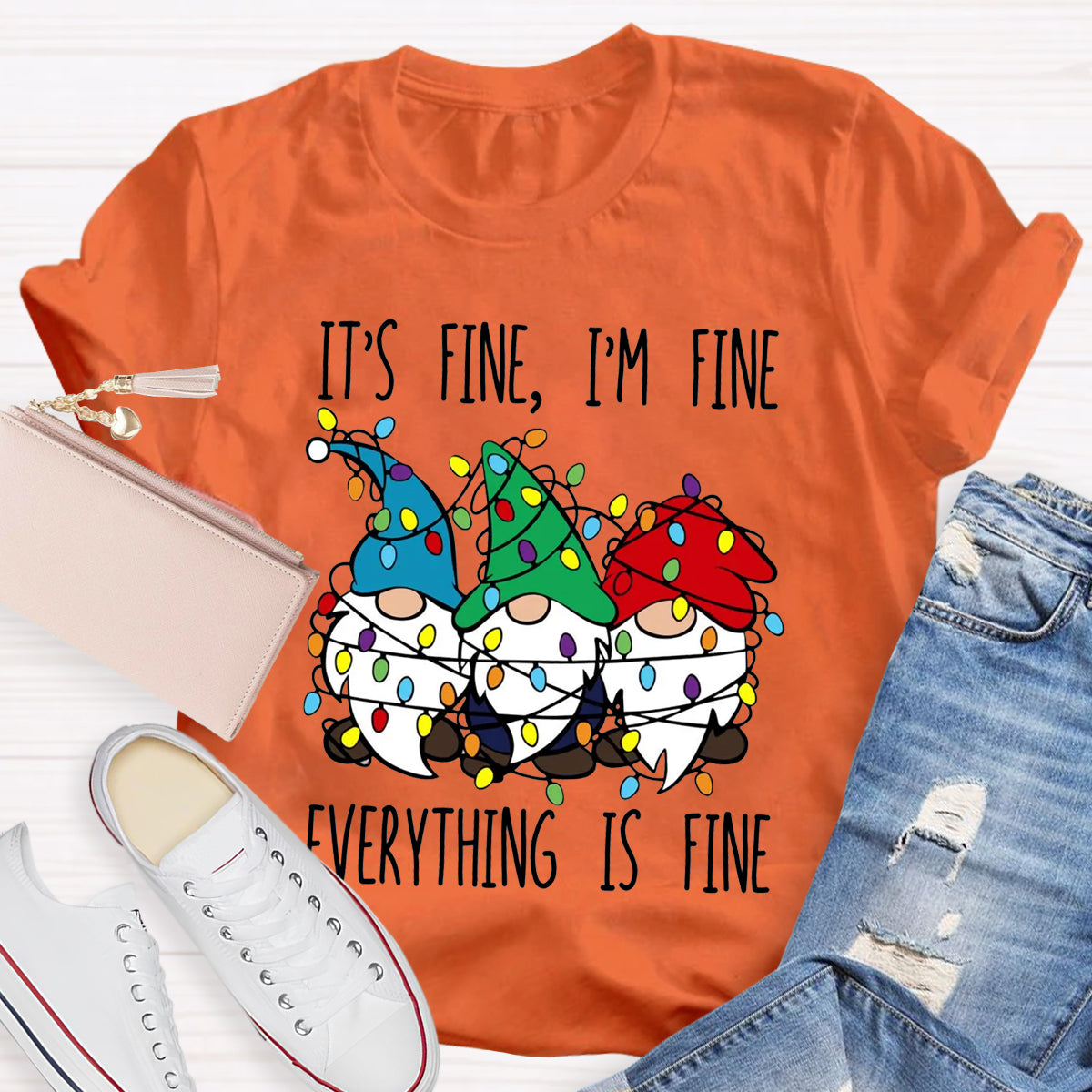 It's Fine I'M Fine Everything Is Fine Three Gnomes Christmas T-Shirt