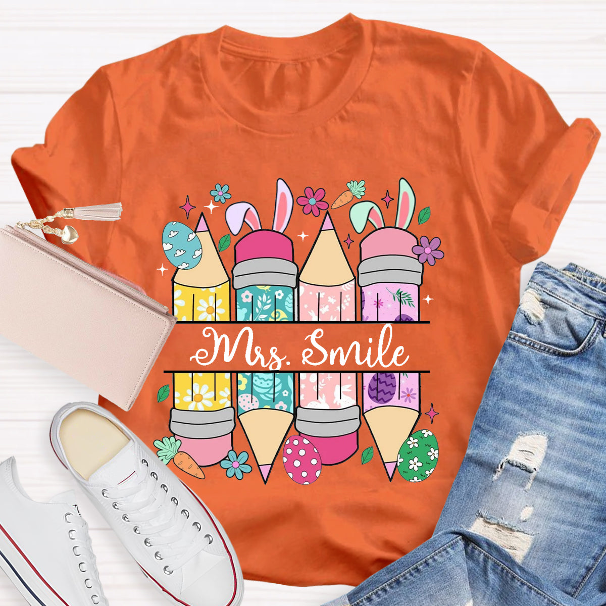 Personalized Name Easter Bunny Pencil Teacher T-Shirt