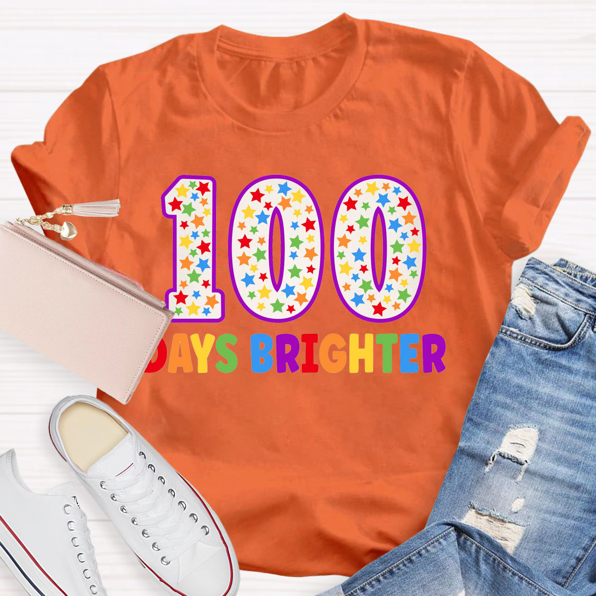 100 Days Brighter Colorful Letter Teacher T-Shirt