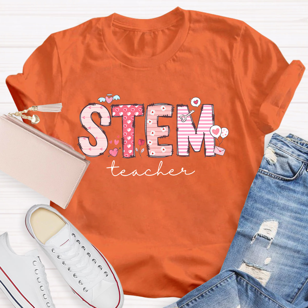 STEM Teacher Pink Heart Printed T-Shirt