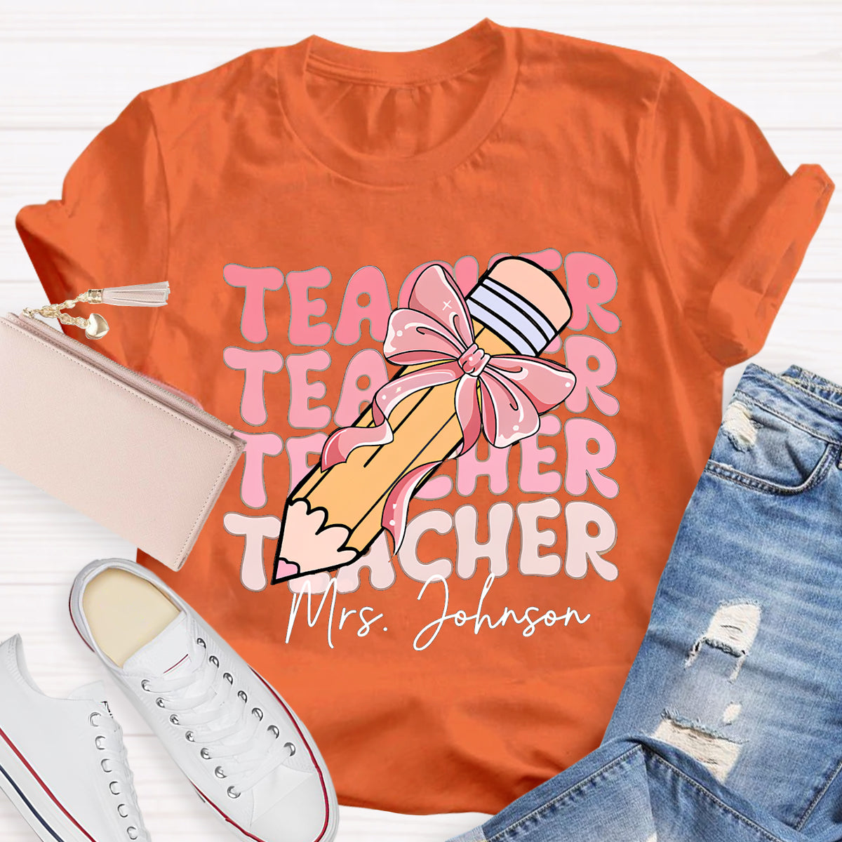 Personalized Name Pink Pencil Teacher Mrs Johnson T-Shirt