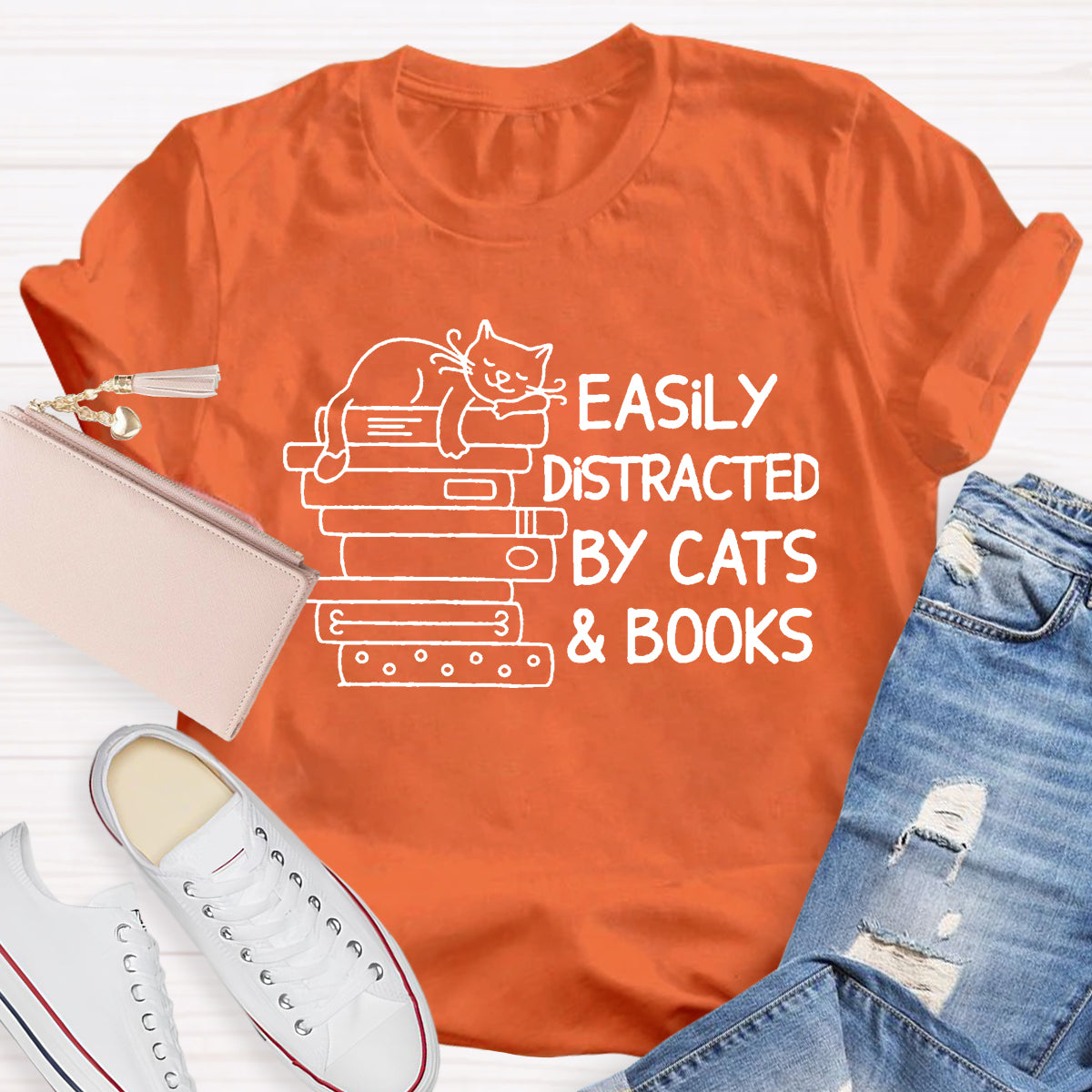 Easily Distracted By Cats And Books Teacher T-Shirt