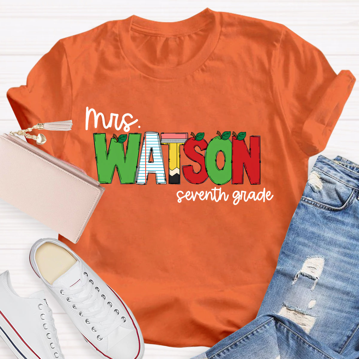 Personalized Name And Grade Green Red Color Block Teacher T-Shirt