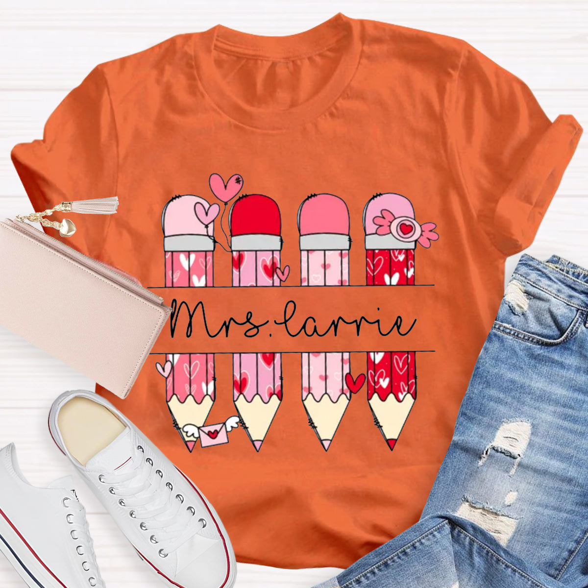 Personalized Name Valentine's Day Pink Pencil Teacher T-Shirt