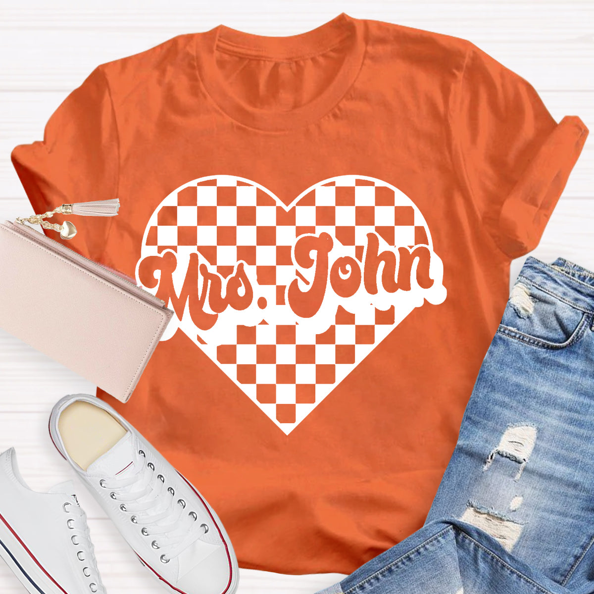 Personalized Name Heart Mrs John Teacher T-Shirt