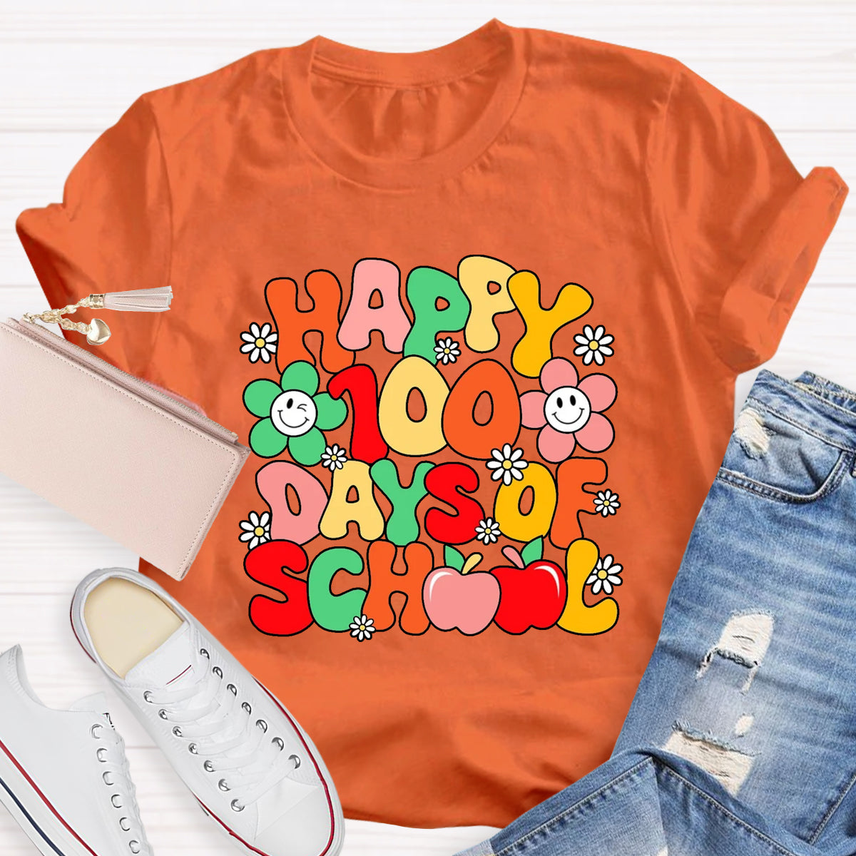 Happy 100 Days Of School Flower Apple T-Shirt