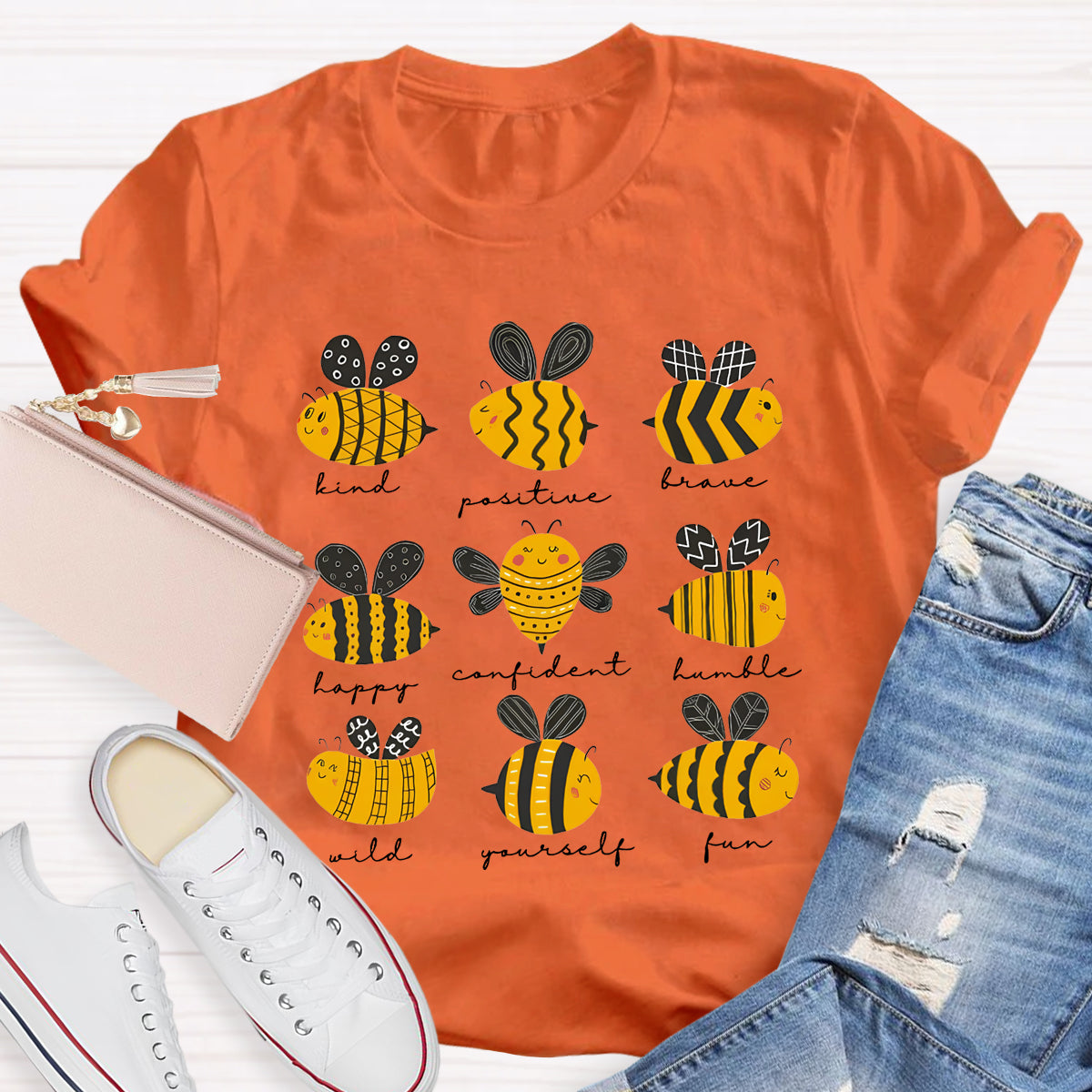 Bee Kind Positive Brave Happy Confident Humble Teacher T-Shirt