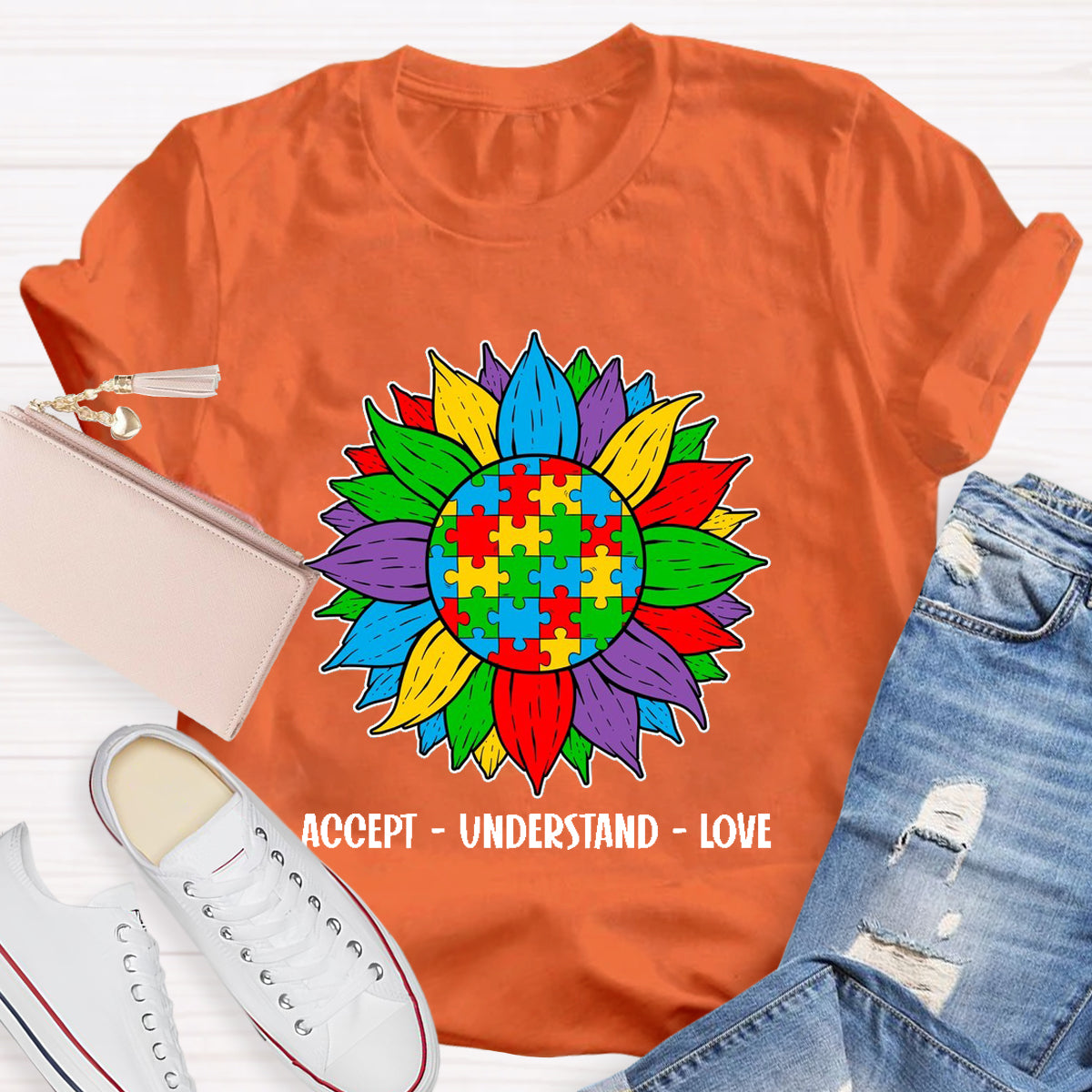 Accept Understand Love Colorful Sunflower Teacher T-Shirt