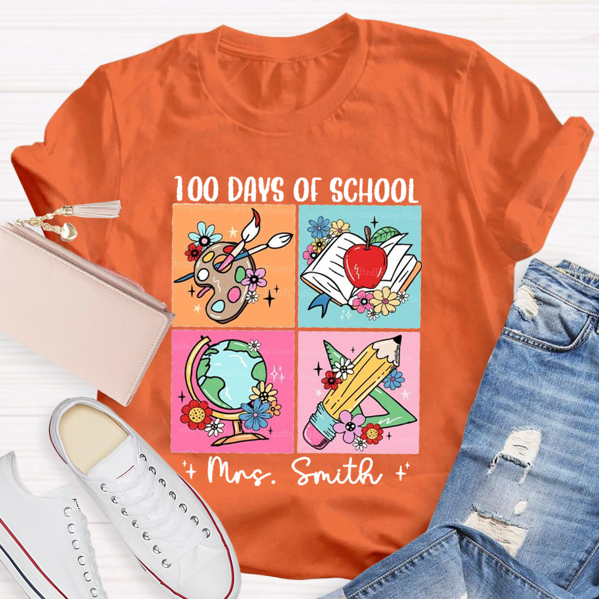 Personalized Name 100 Days Of School Pencil Apple T-Shirt