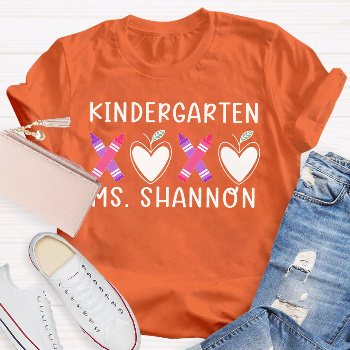 Personalized Grade And Name Pink Heart Crayon Teacher T-Shirt