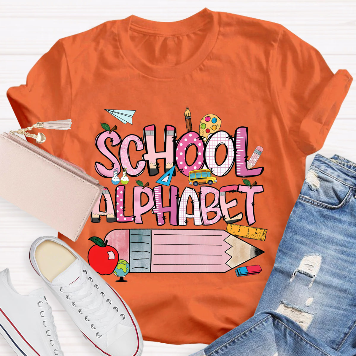 School Alphabet Pink Pencil Teacher T-Shirt