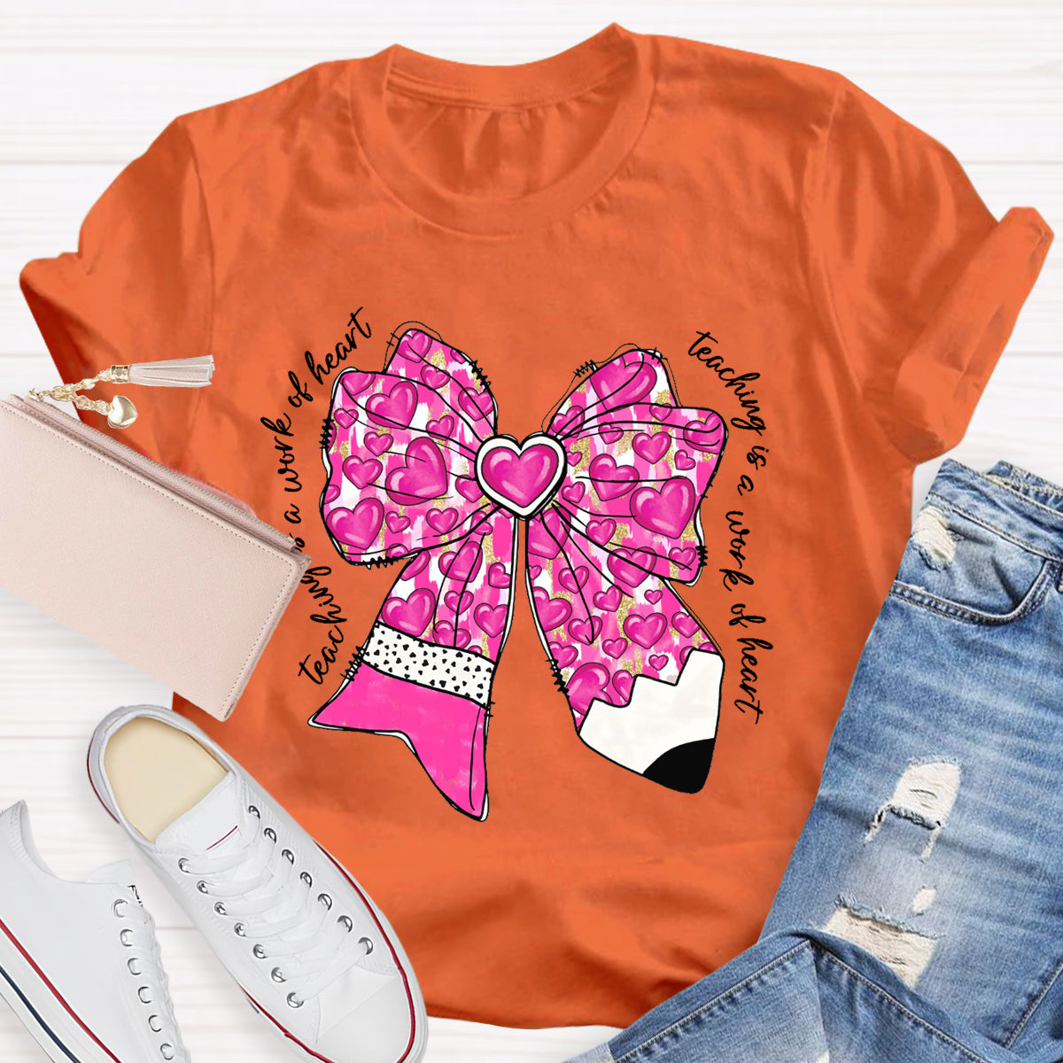 Teaching Is A Work Of Heart Pink Bow Teacher T-Shirt