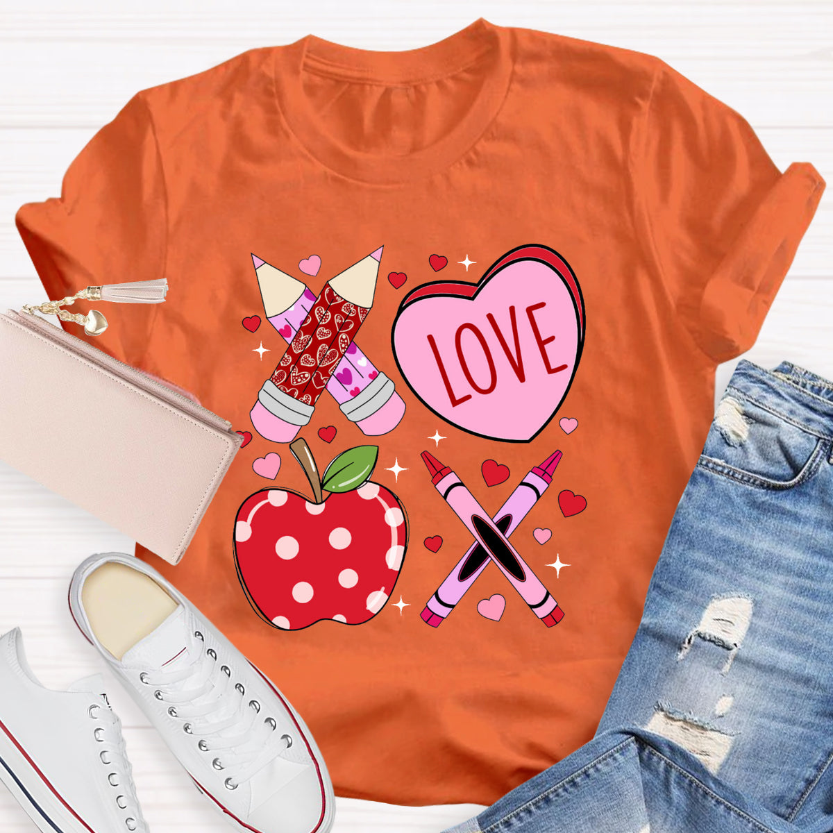 Pink Pencil And Apple Love Teacher T-Shirt