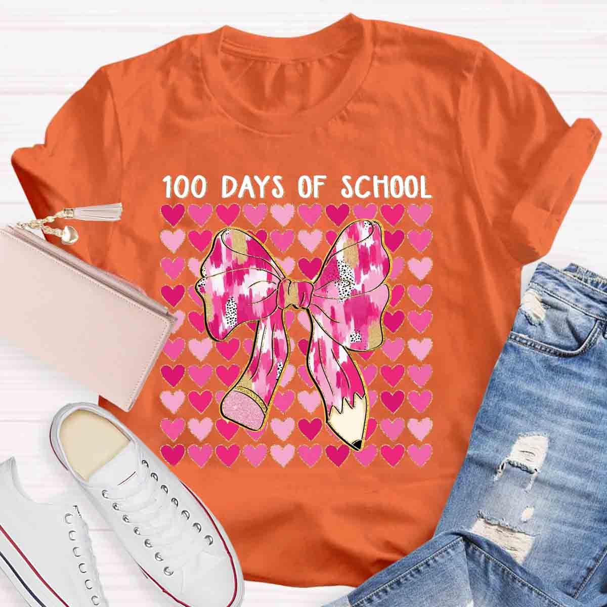 100 Days Of School Pink Heart Bow Teacher T-Shirt