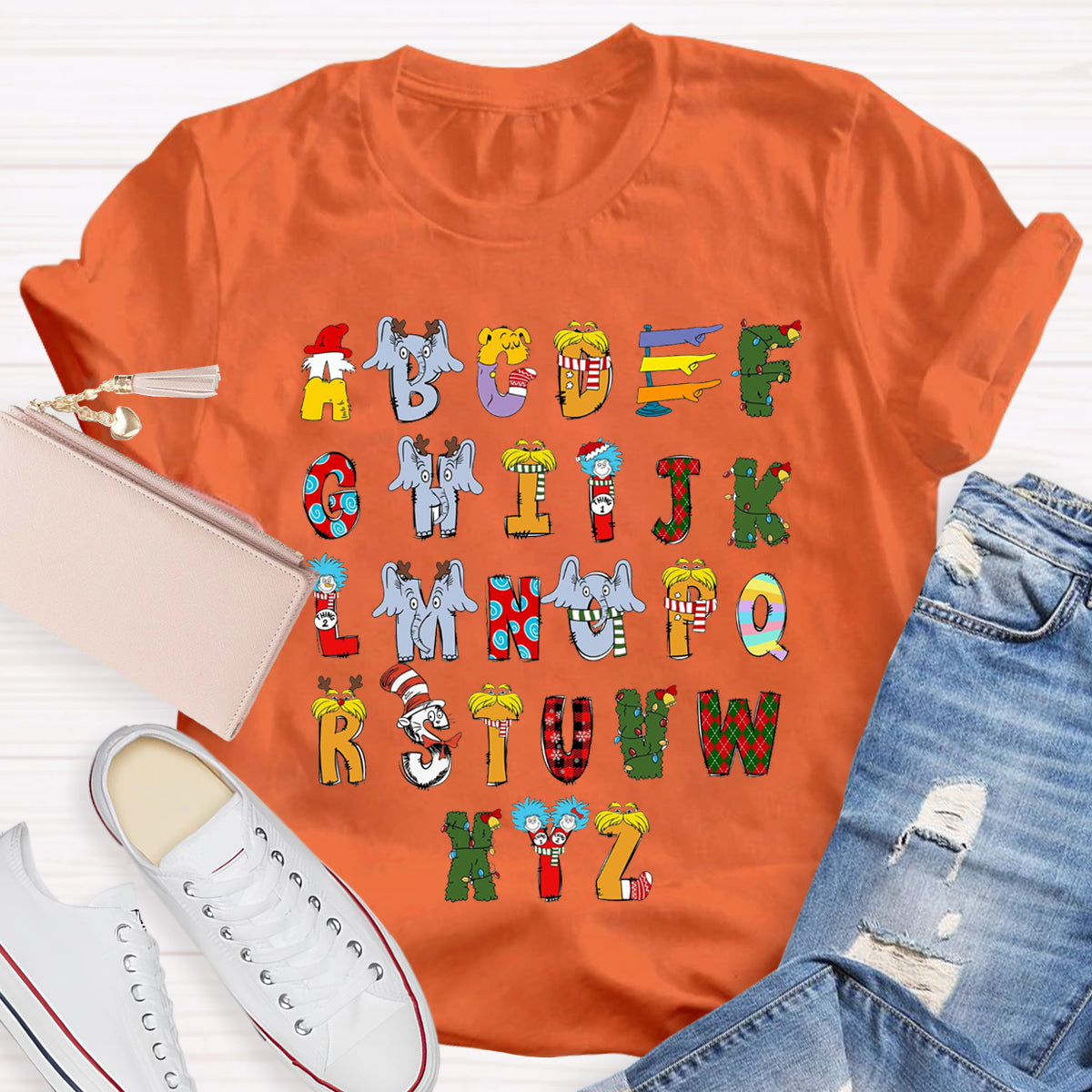 Christmas Doodle Alphabet Cat In The Hat Children's Book Teacher T-Shirt