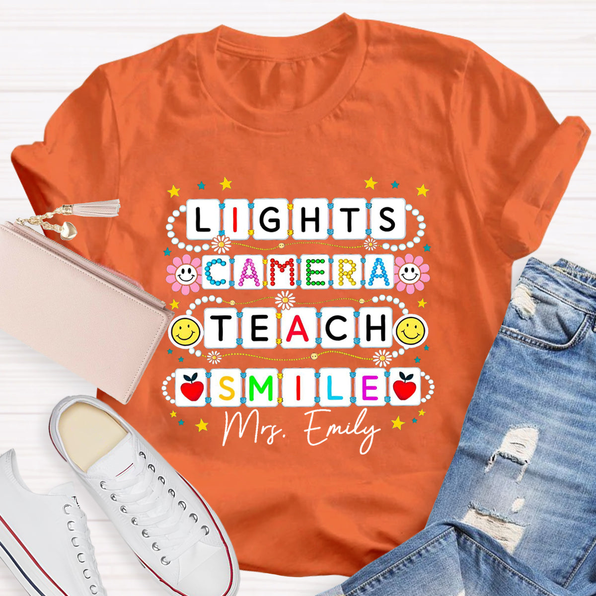 Personalized Name Lights Camera Teach Smile Teacher T-Shirt