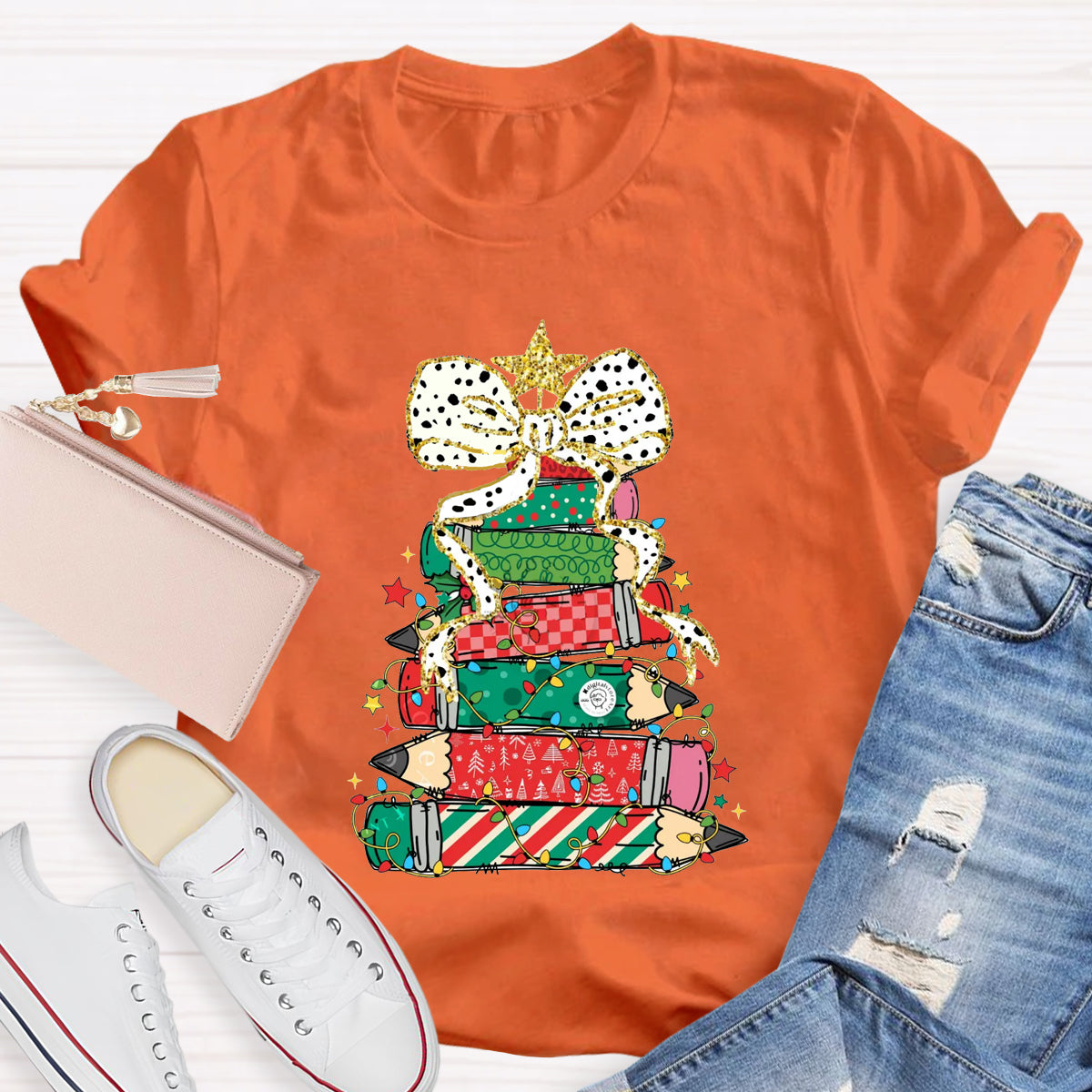 Pencil Tree  Bow Teacher T-Shirt