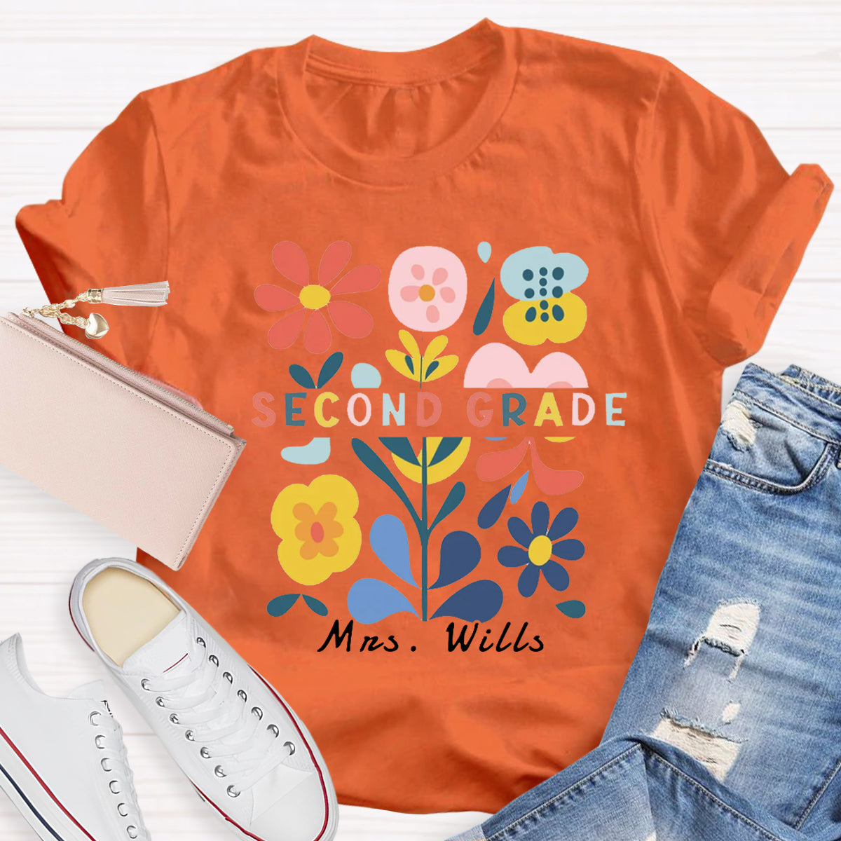 Personalized Name And Grade Floral Teacher T-Shirt