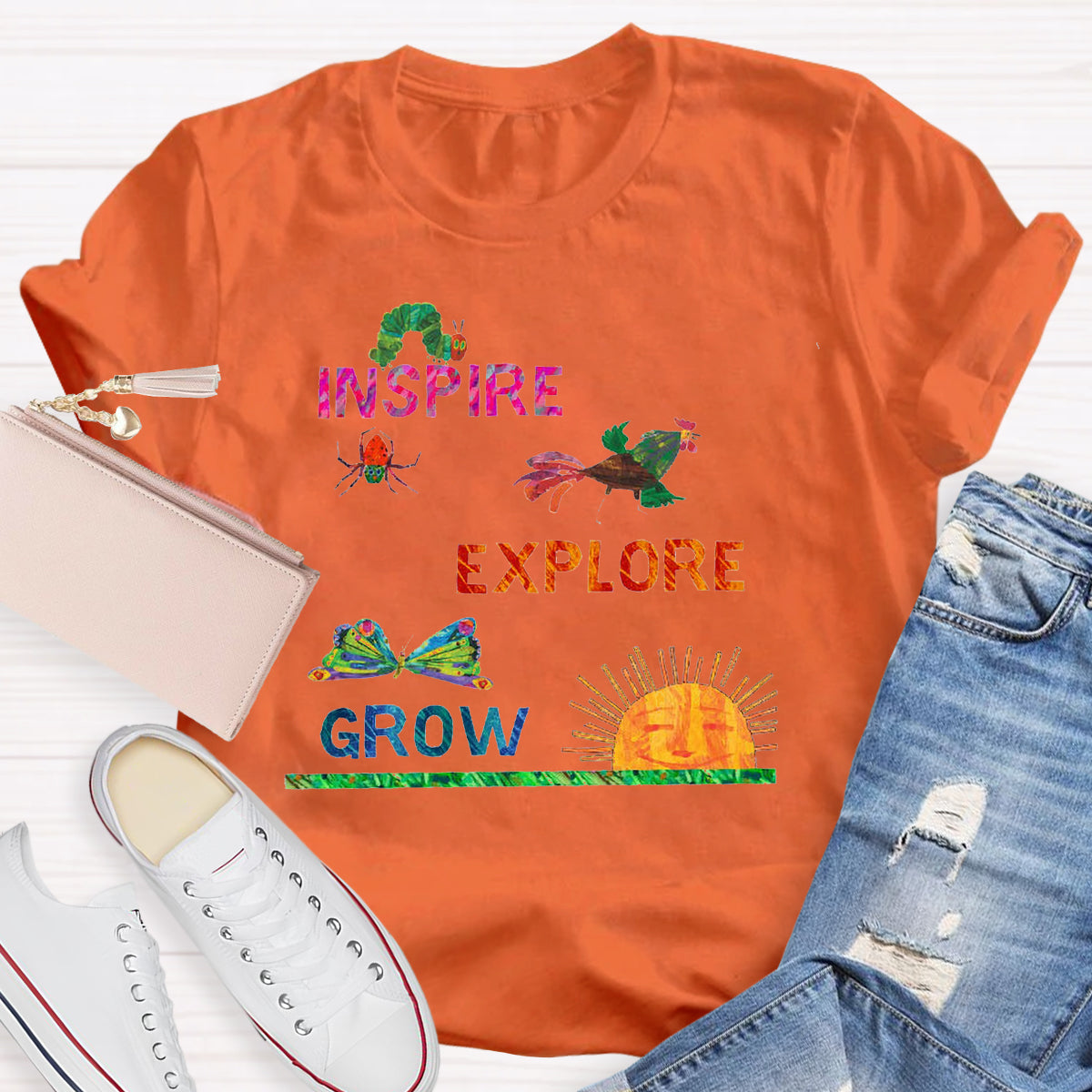 Inspire Explore Grow Caterpillar Grows Colorful Butterfly T-Shirt