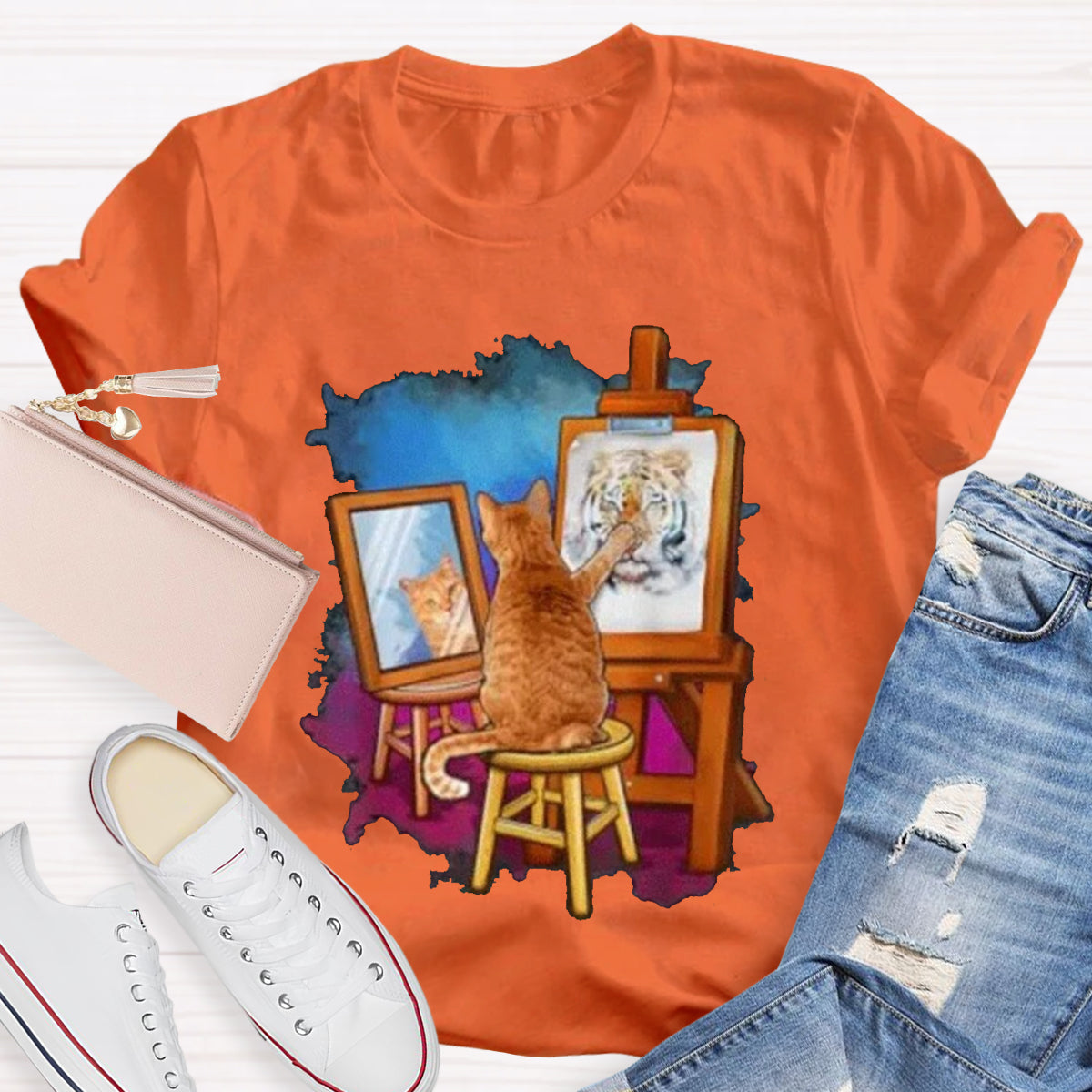 Funny Cat Painting Lion Teacher T-Shirt