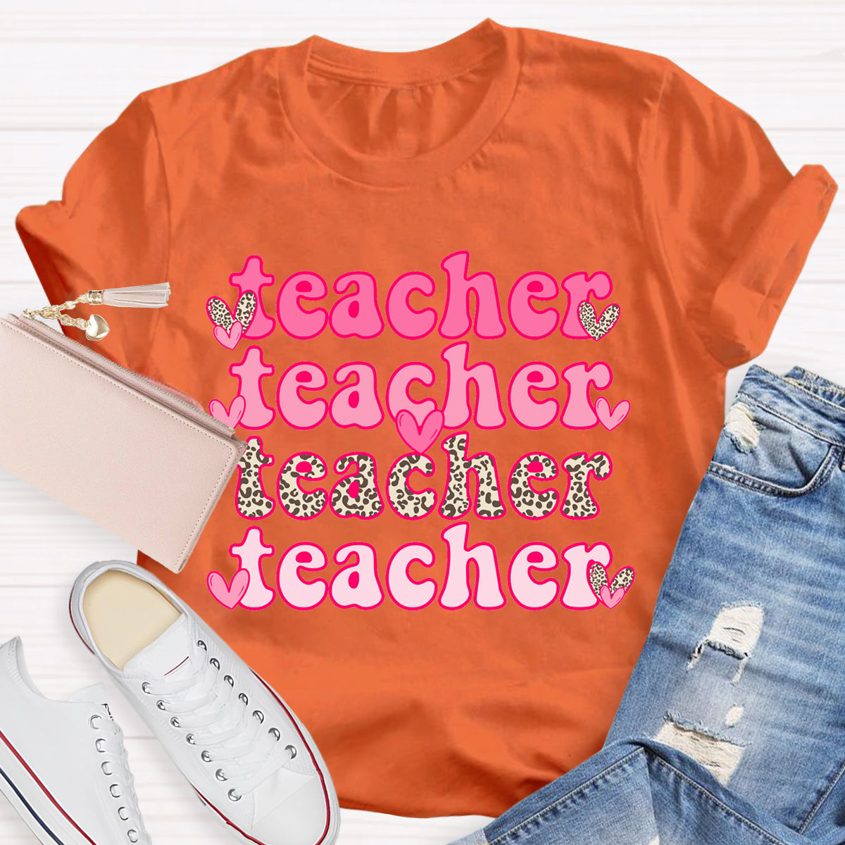 Valentine's Day Pink Leopard Teacher T-Shirt