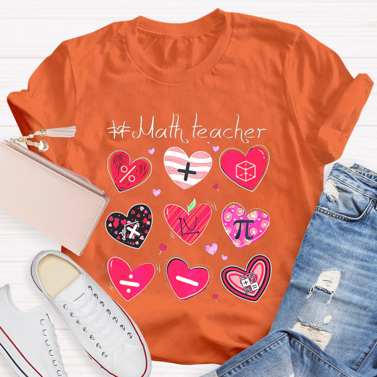 Red Heart Math Symbols Teacher T-Shirt