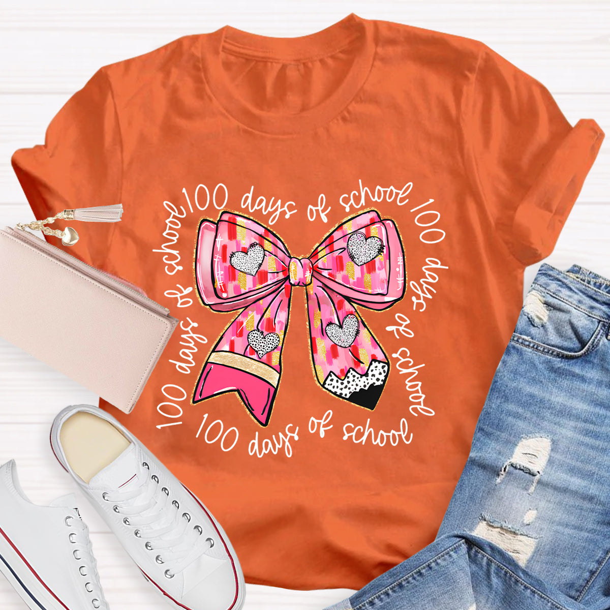 100 Days Of School Teacher Pink Bow T-Shirt