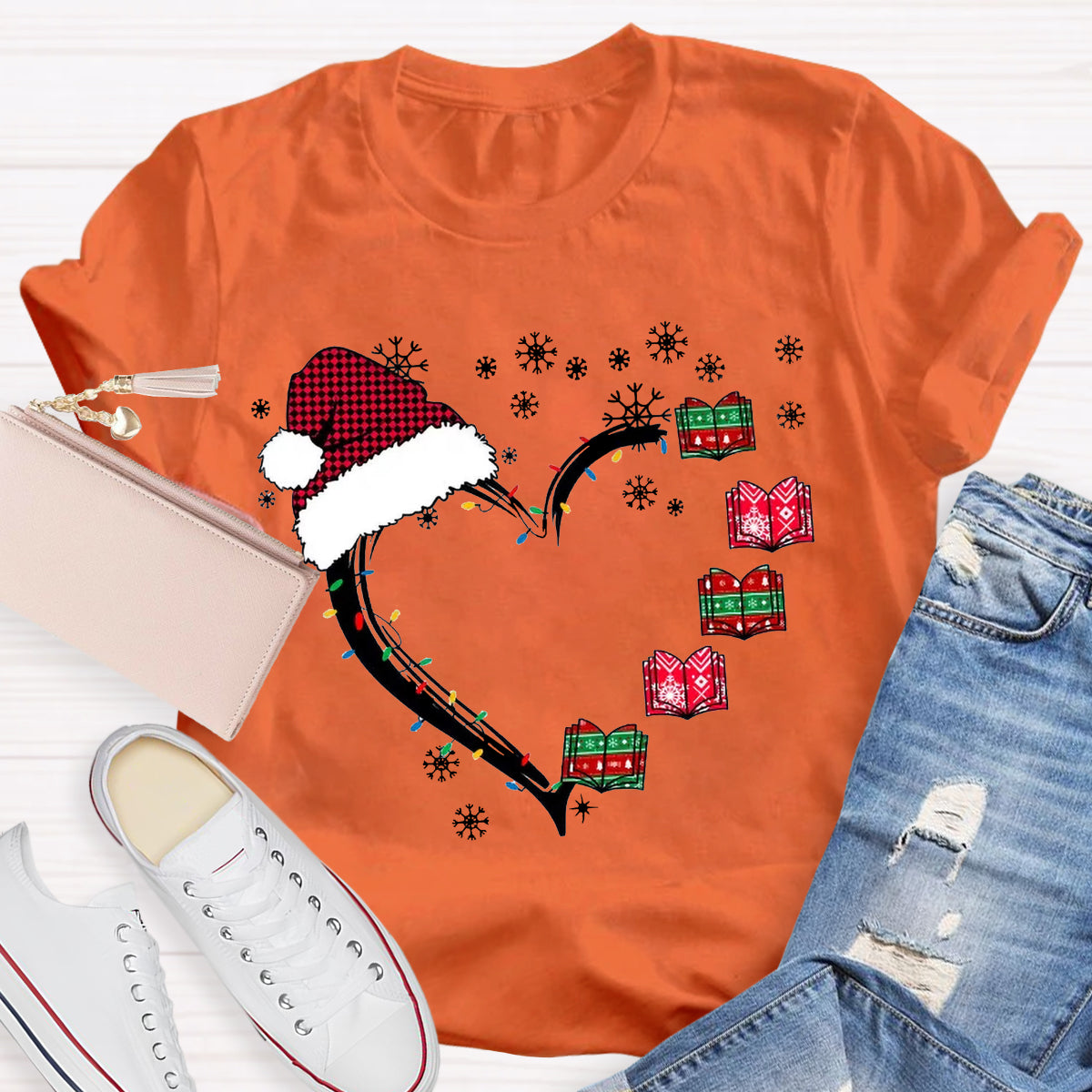 Christmas Books Heart Teacher T-Shirt