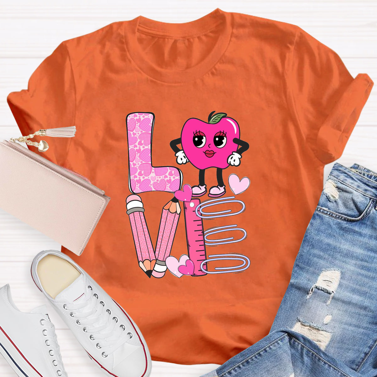 Pink Apple Love Teacher T-Shirt