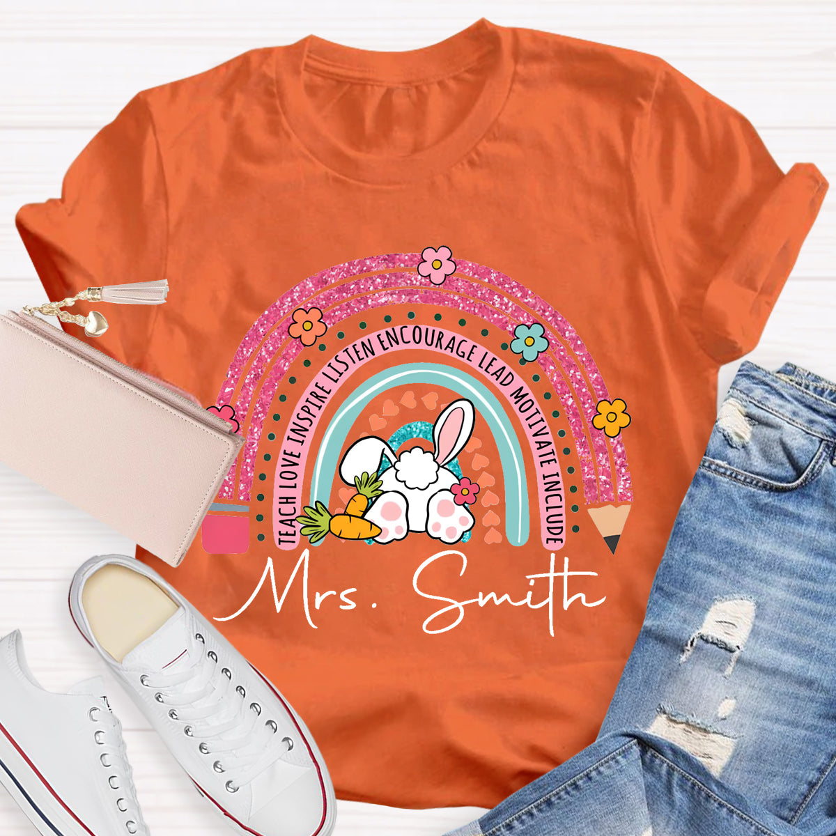 Personalized Name Easter Pink Pencil Rainbow T-Shirt