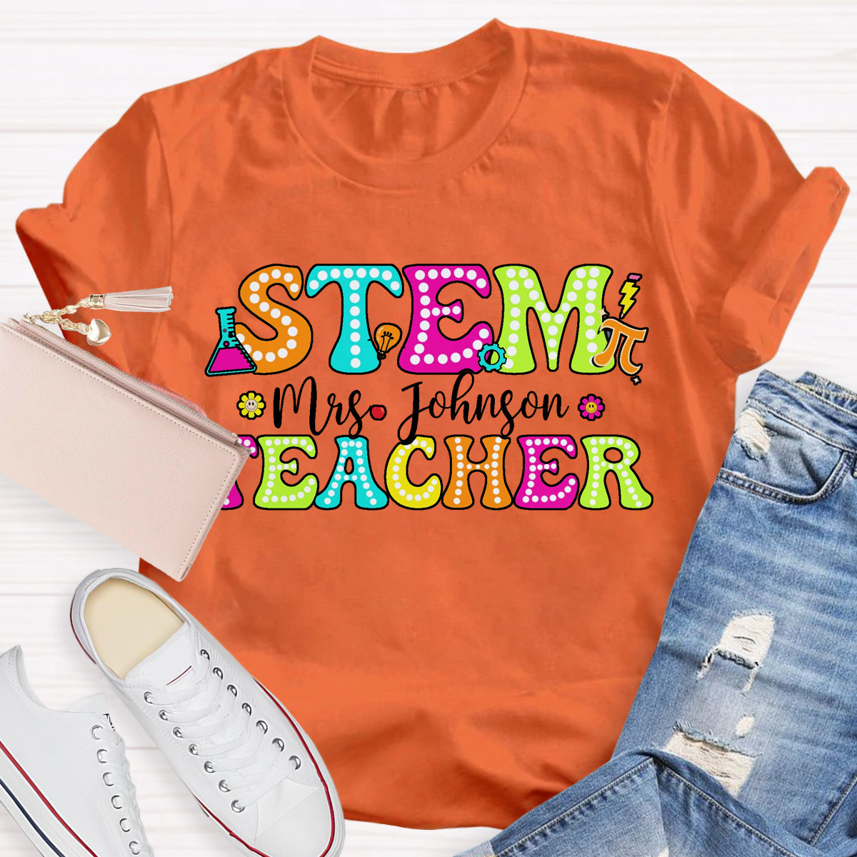 Personalized Name STEM Teachers Colorful Printed T-Shirt