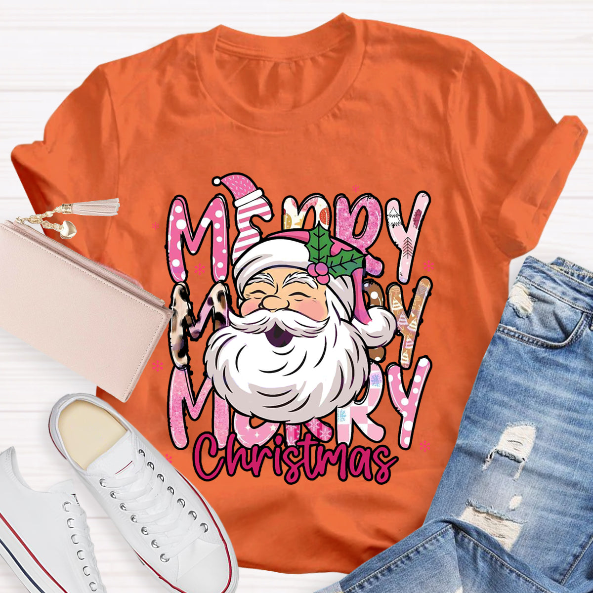 Pink Santa Claus Merry Christmas Teacher T-Shirt