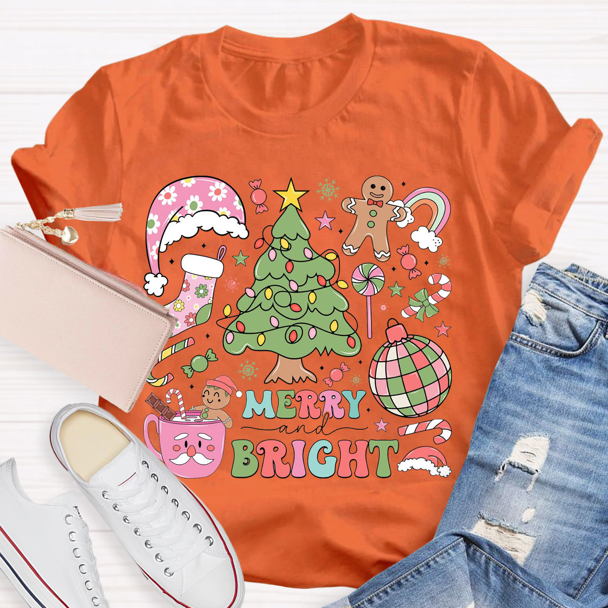 Merry And Bright Christmas Tree Teacher T-Shirt