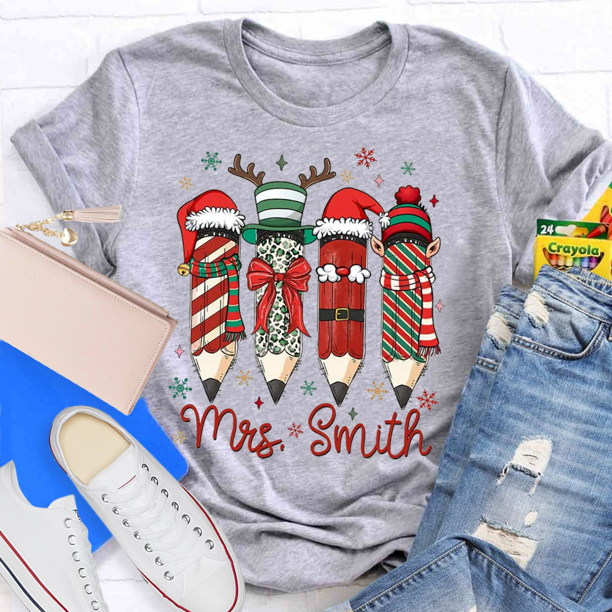 Personalized Name Cute Christmas Pencil Teacher T-Shirt