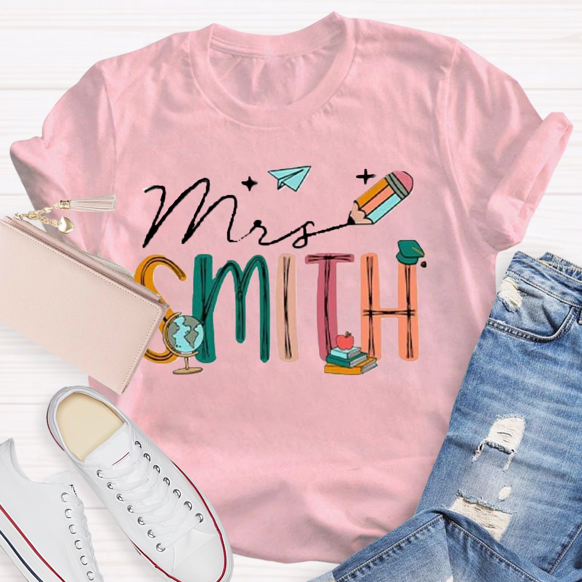 Personalized Name Earth Pencil Design Custom Teacher Shirt