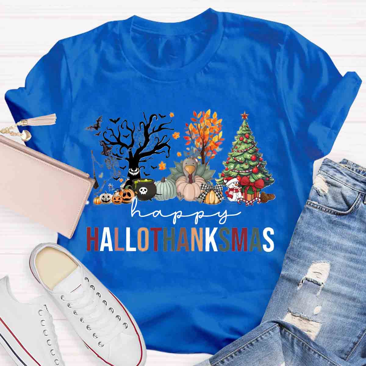 Happy Hallothanksmas Halloween Fall and Christmas T-shirt